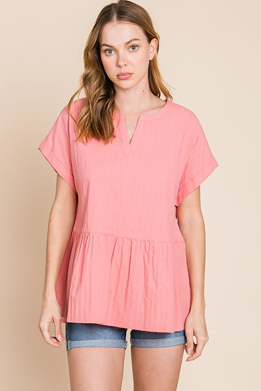 Cotton Bleu by Nu Label Notched Short Sleeve Peplum Top - TopFashionHQ