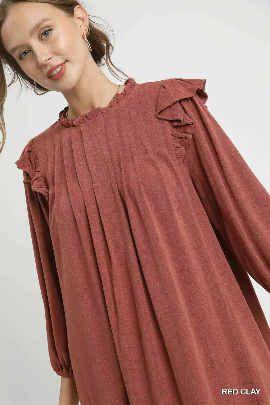 Umgee Linen Ruffle Shoulder Pleated Babydoll Dress