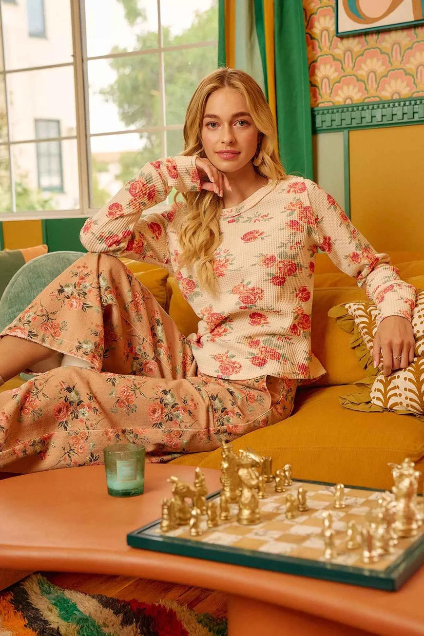 BiBi Floral Print Washed Waffle Thermal Top With Thumb