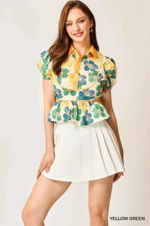 Umgee Floral Print Puff Sleeve Cropped Blouse