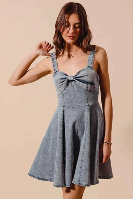 SO ME Mineral Washed Bow Ribbon Denim Flare Dress