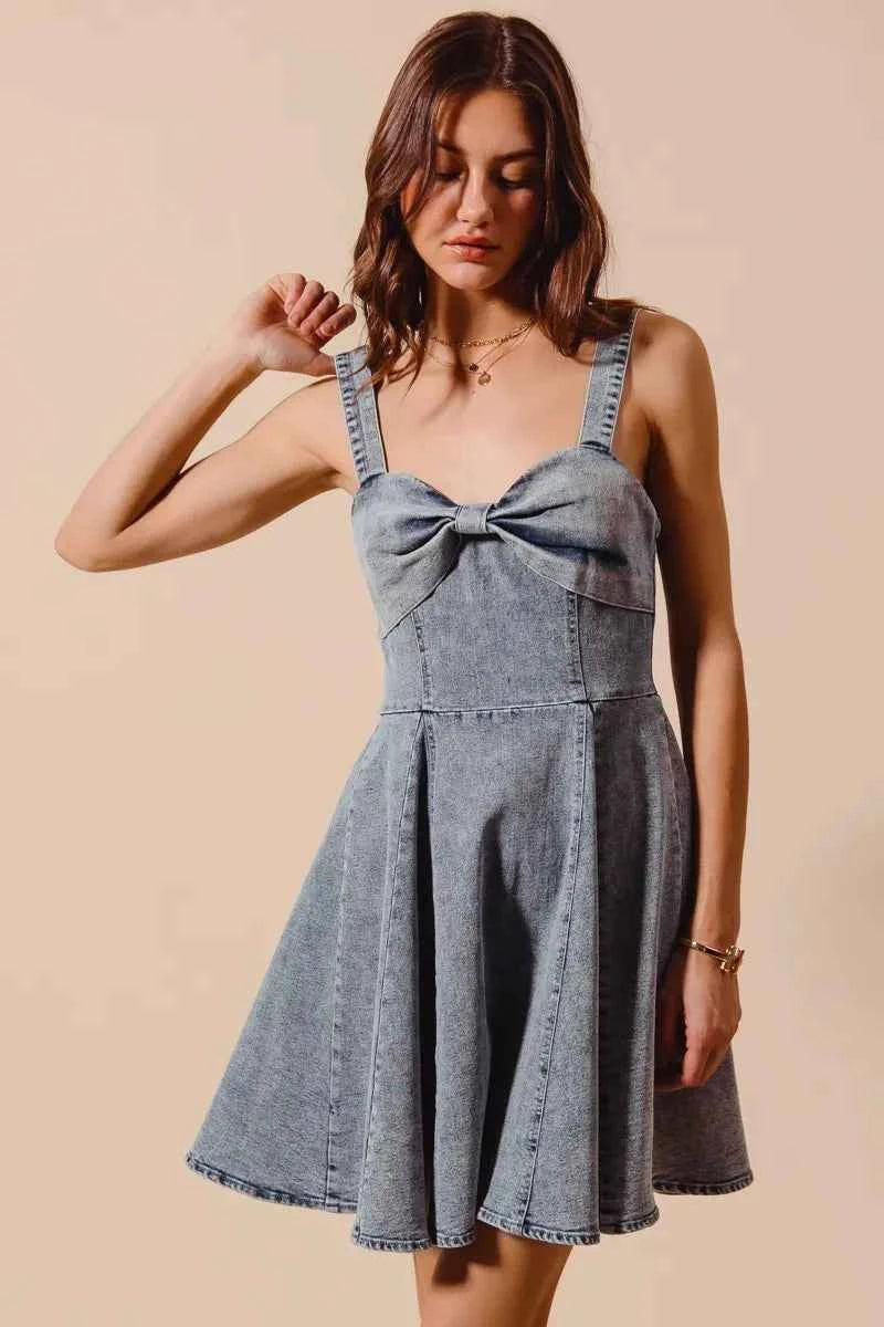 SO ME Mineral Washed Bow Ribbon Denim Flare Dress