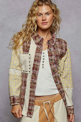 POL Studded Contrast Plaid Long Sleeve Shirt