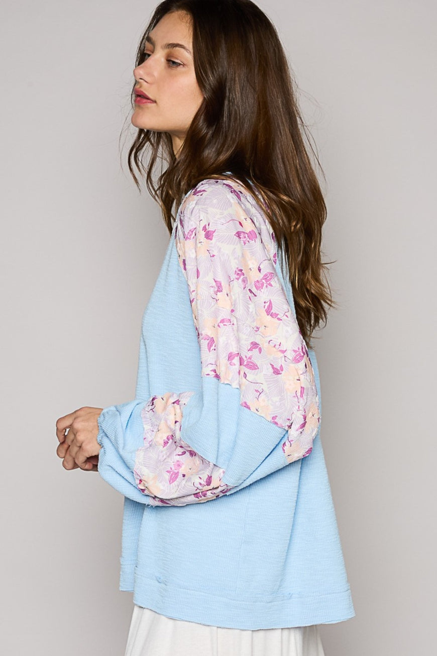 POL Round Neck Balloon Floral Long Sleeve Top - TopFashionHQ