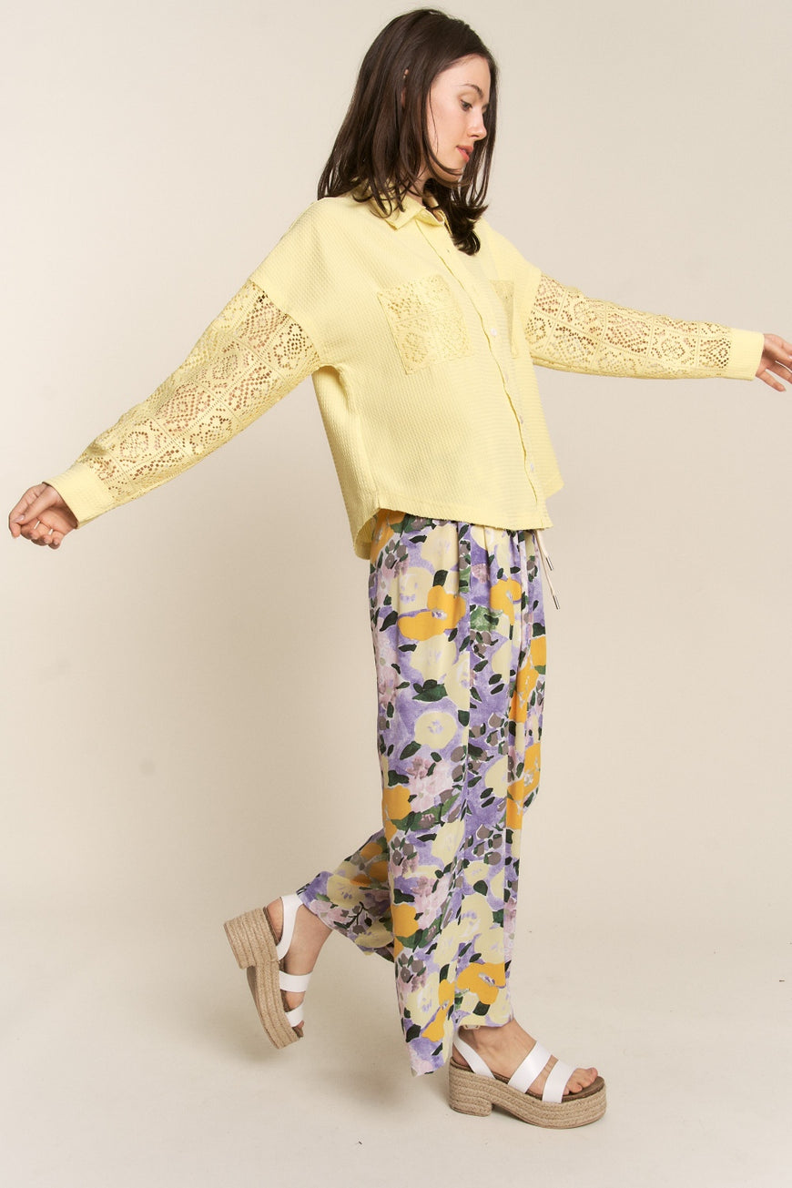 J.NNA Button Down Lace Long Sleeve Waffle Shirt - TopFashionHQ