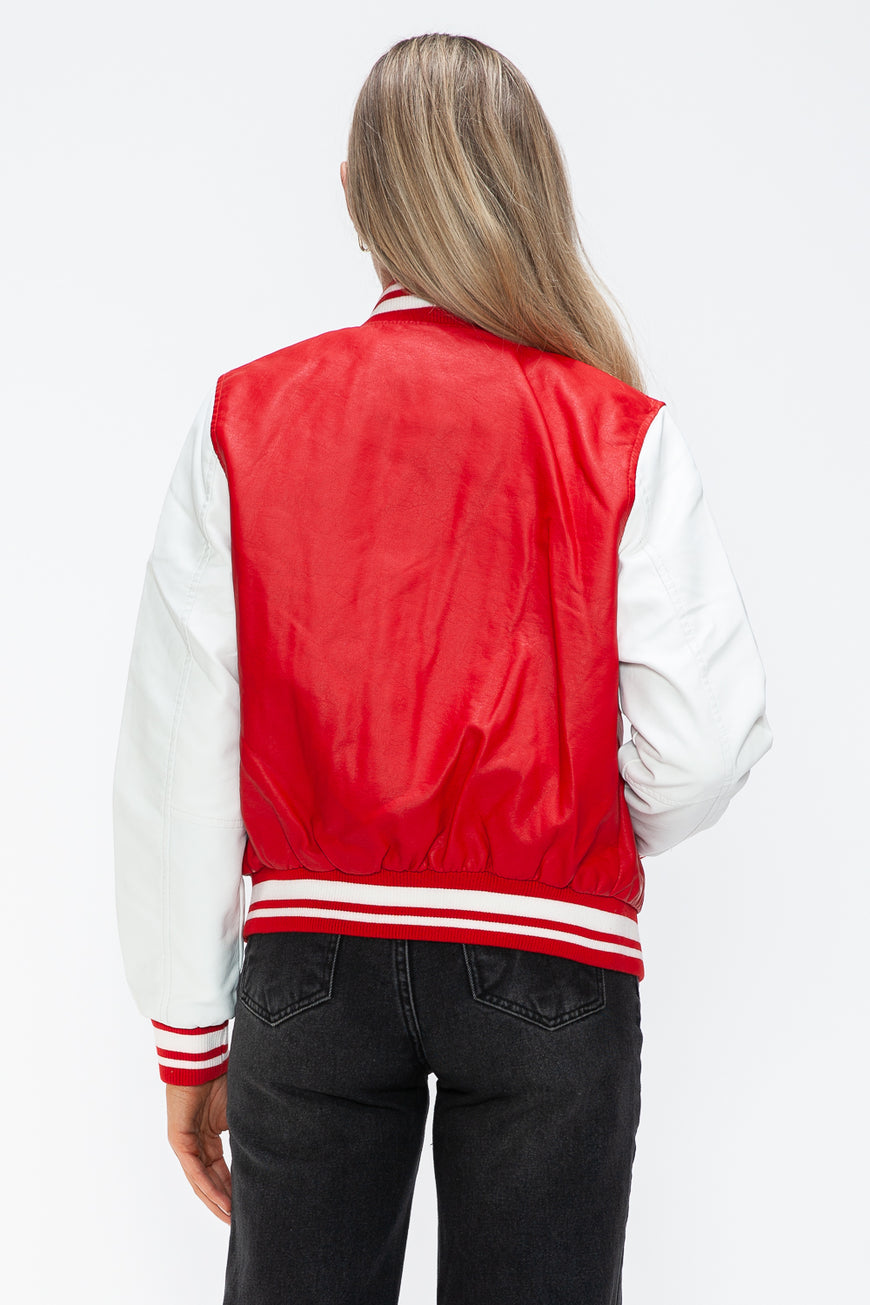 Love Me Now PU Leather Contrast Snap Down Bomber Jacket - TopFashionHQ