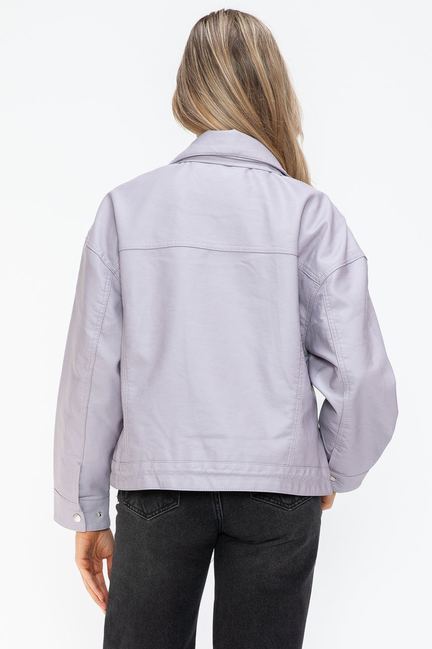 How Dare U Drawstring Hem PU Leather Zip Up Jacket - TopFashionHQ