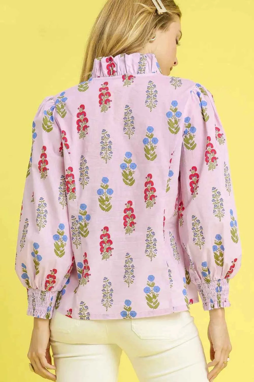 Umgee Floral Print Lantern Sleeve Button Down Shirt