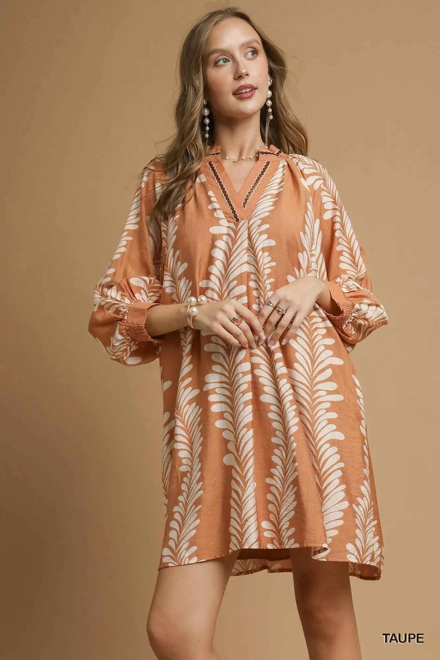 Umgee Leaf Print Notched Mini Babydoll Dress