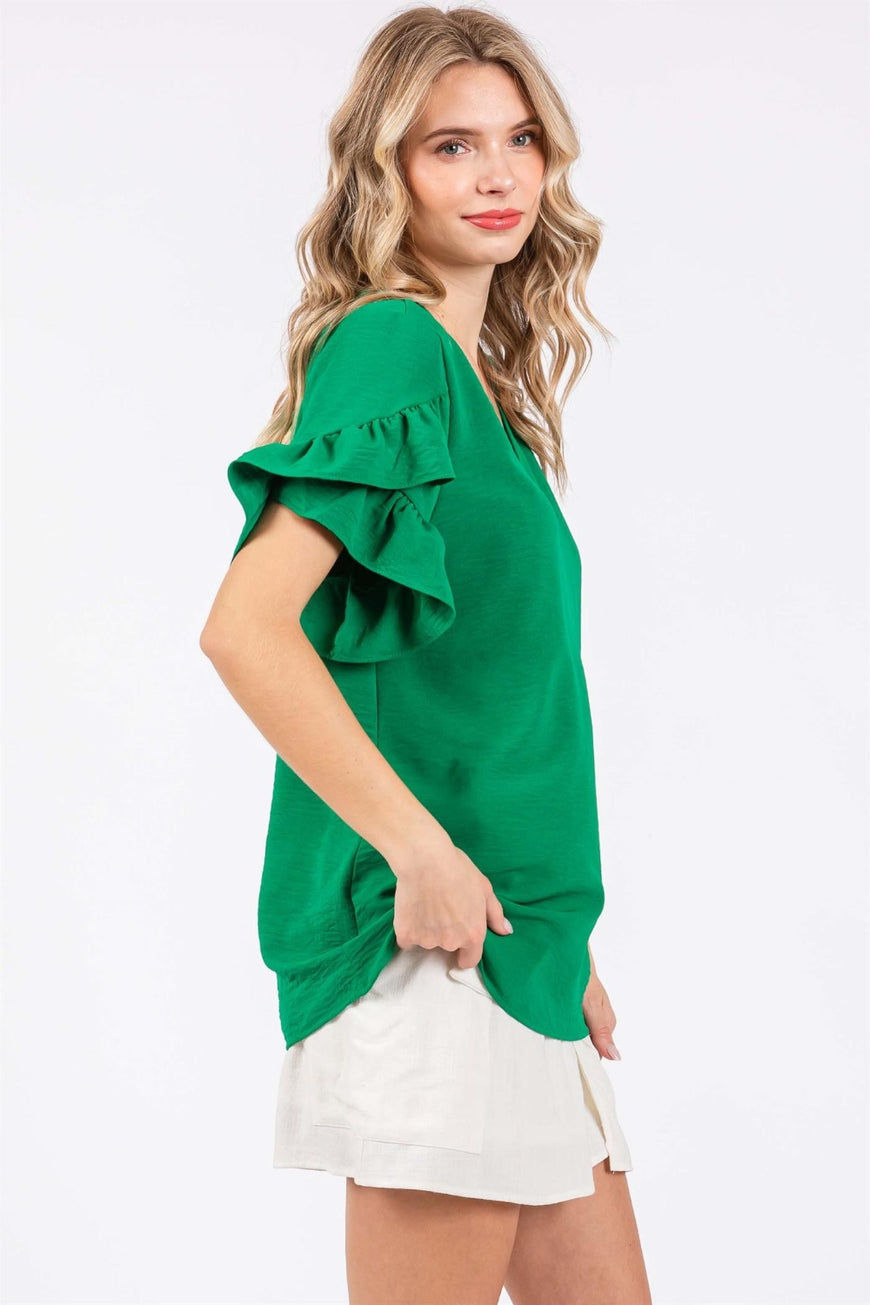 GeeGee Ruffled Short Sleeve V-Neck Blouse - TopFashionHQ
