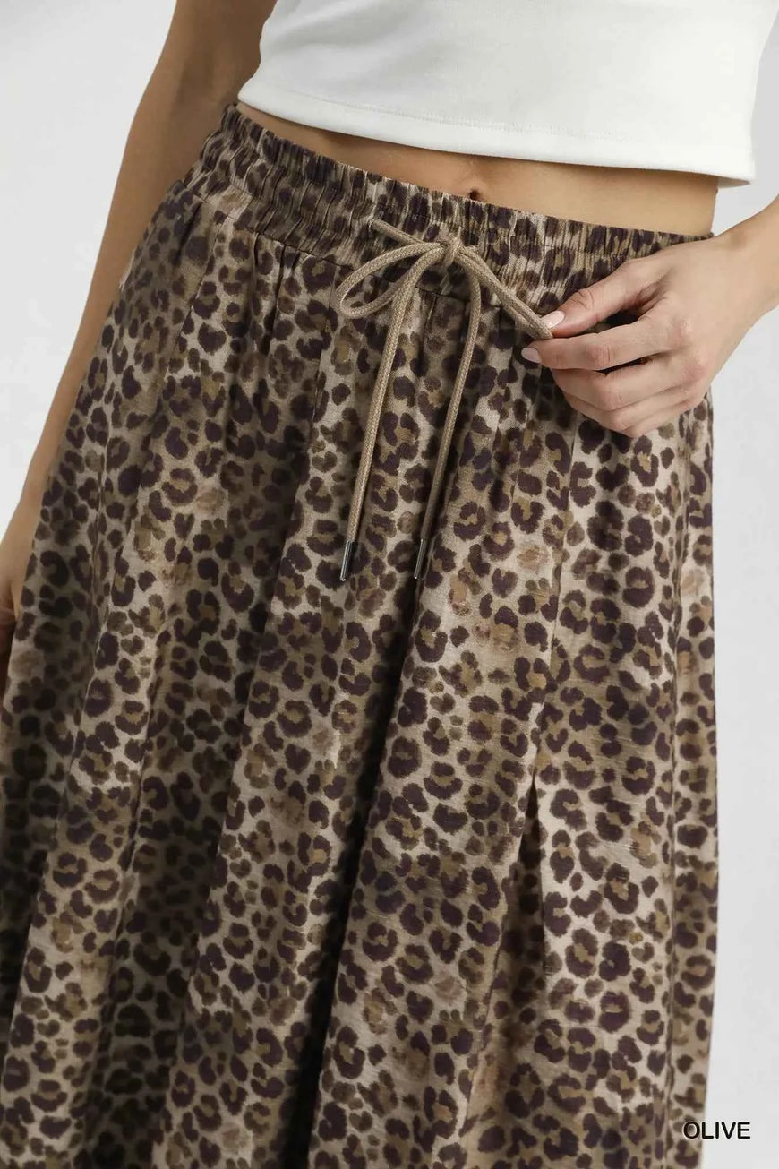 Umgee Drawstring Leopard Midi Skirt