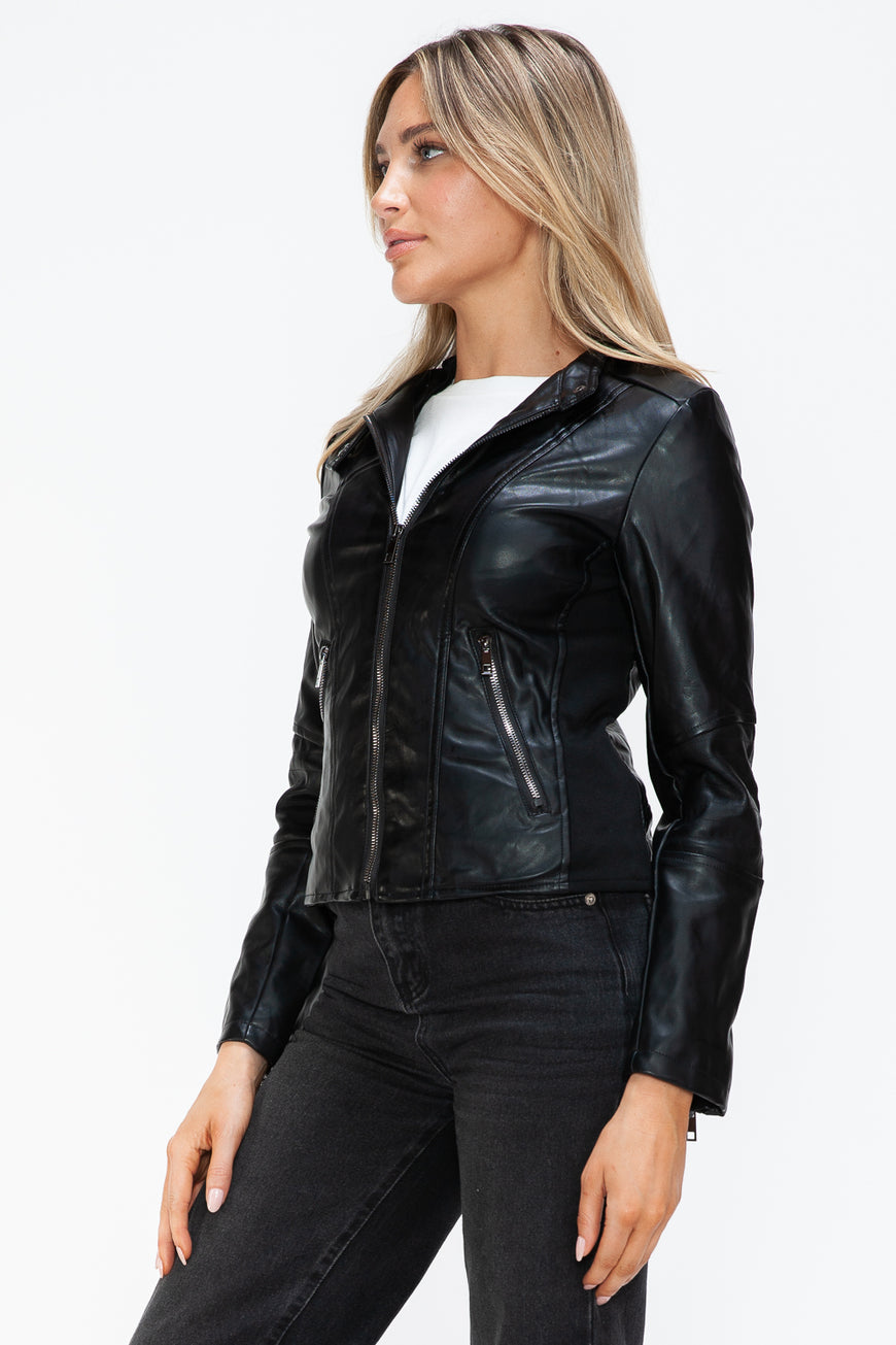 Snobbish Faux Leather Zip Up Drawstring Hooded Jacket - TopFashionHQ