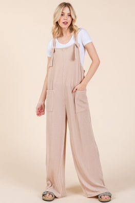 BOMBOM Knot Straps Wide Leg Ribbed Overalls with Pockets