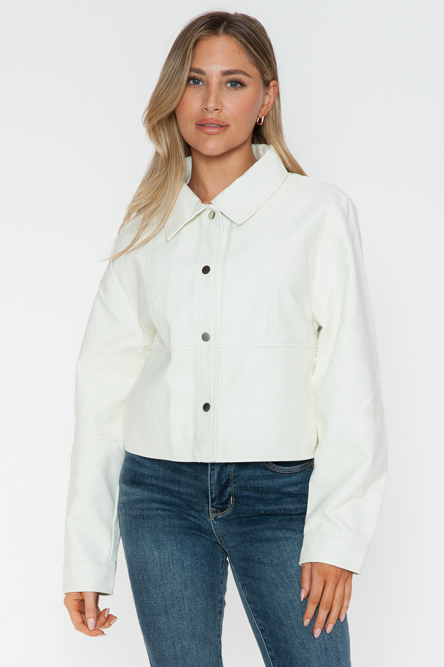 Snobbish Snap Down Long Sleeve PU Leather Jacket - TopFashionHQ