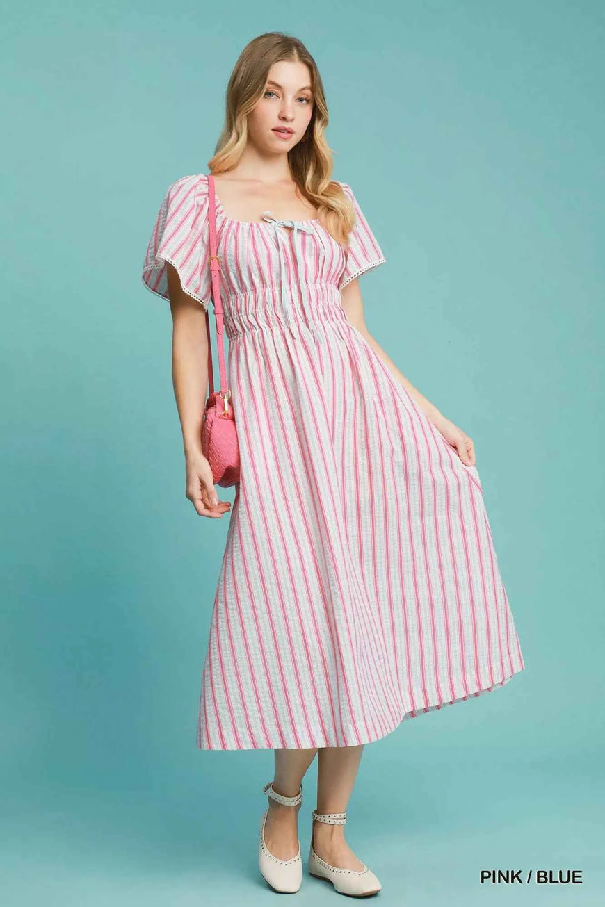 Umgee Smocked Striped Short Sleeve Midi Dress
