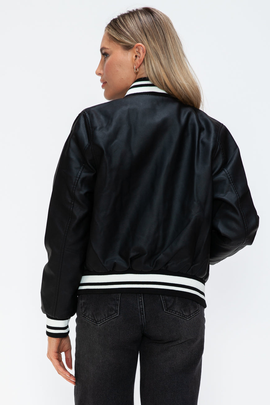 Love Me Now PU Leather Contrast Snap Down Bomber Jacket - TopFashionHQ