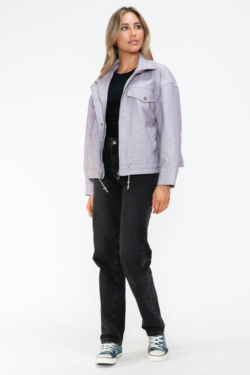How Dare U Drawstring Hem PU Leather Zip Up Jacket - TopFashionHQ