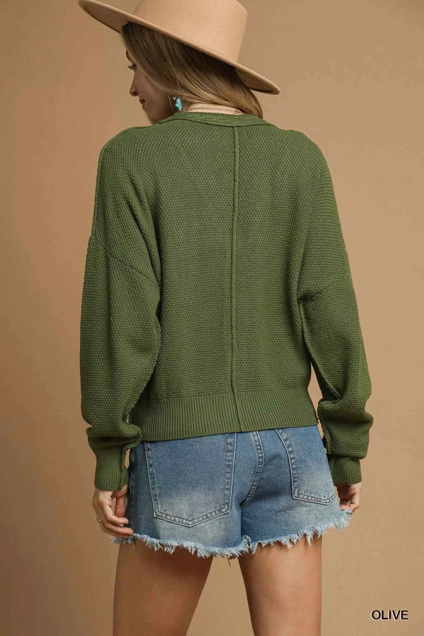 Umgee Chunky Cable Knit V-Neck Button-Up Cardigan