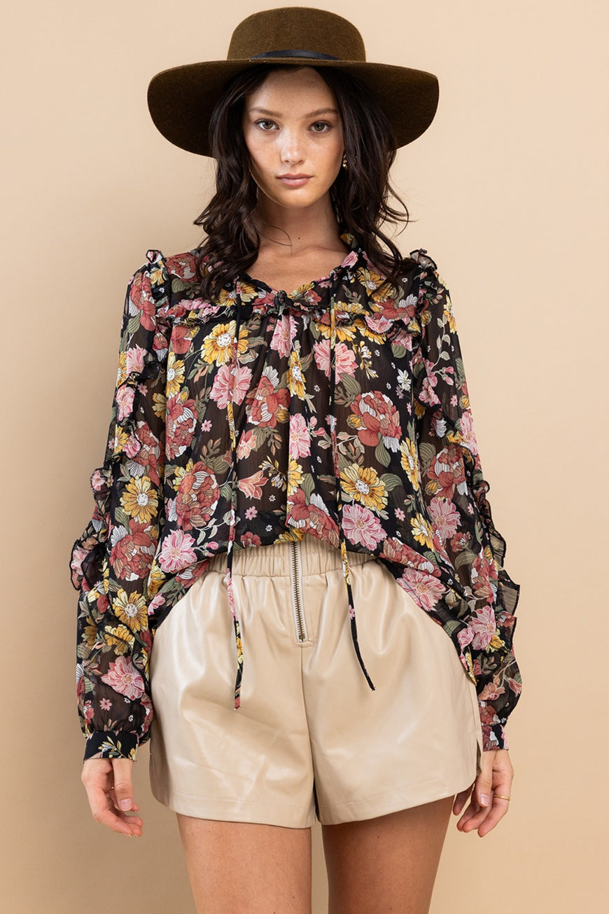 Ces Femme Ruffle Trim Long Sleeve Floral Blouse - TopFashionHQ