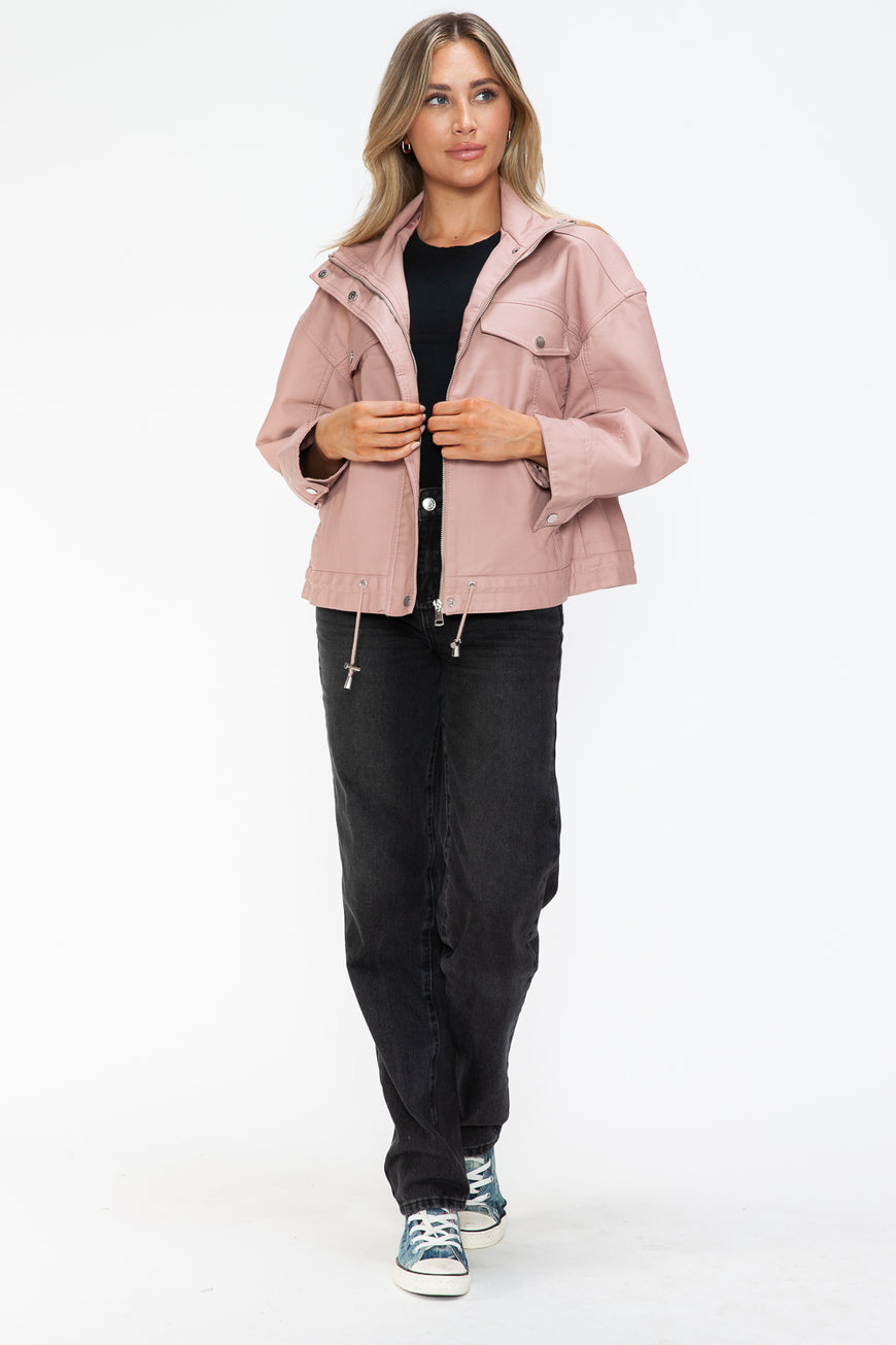How Dare U Drawstring Hem PU Leather Zip Up Jacket - TopFashionHQ