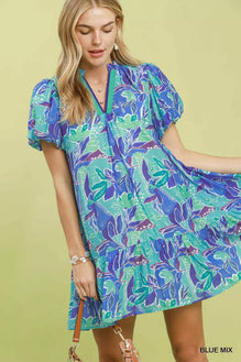 Umgee Tropical Floral Puff Sleeve Tiered Mini Dress