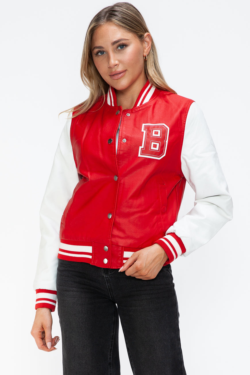 Love Me Now PU Leather Contrast Snap Down Bomber Jacket - TopFashionHQ