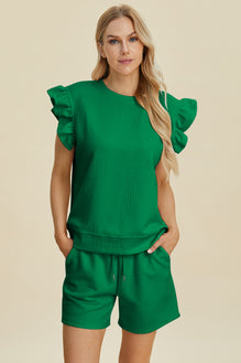 Double Take Full Size Texture Round Neck Ruffle Sleeve Top and Shorts Set