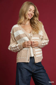 Umgee Cable-Knit Stripe Button-Up Cardigan