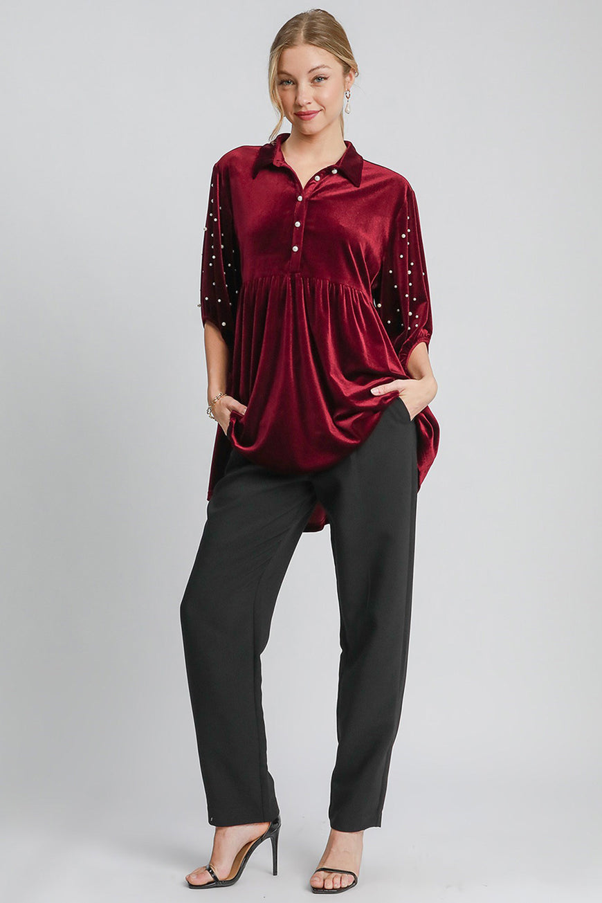 Umgee Pearl Detail Collared Neck Velvet Babydoll Blouse - TopFashionHQ