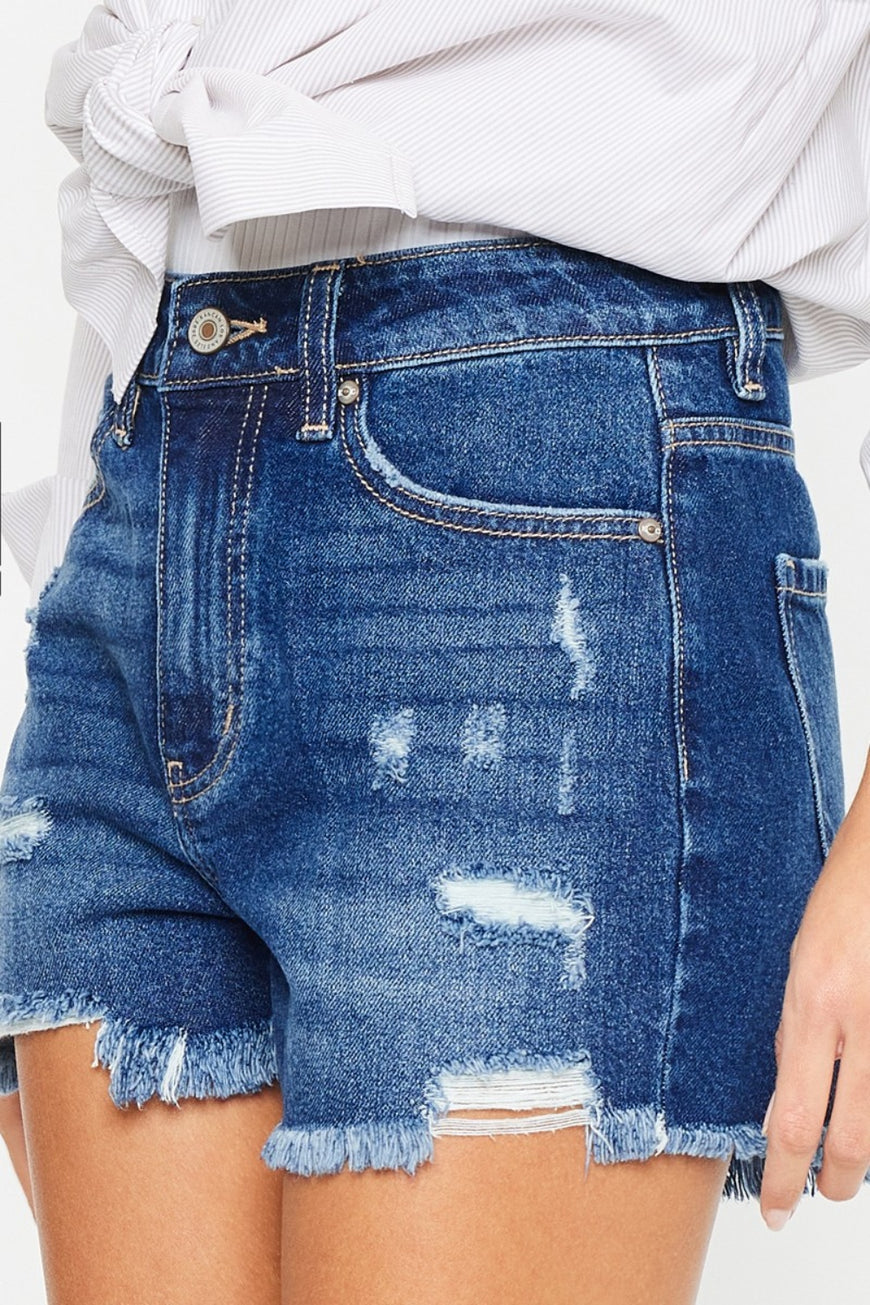 Kancan High Rise Frayed Hem Denim Shorts - TopFashionHQ