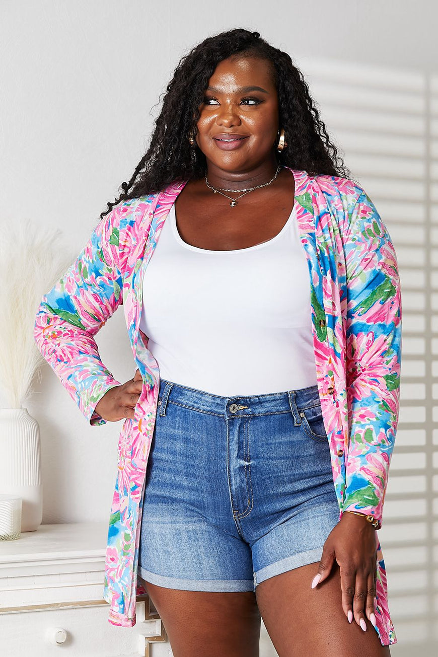 Double Take Floral Open Front Long Sleeve Cardigan - TopFashionHQ