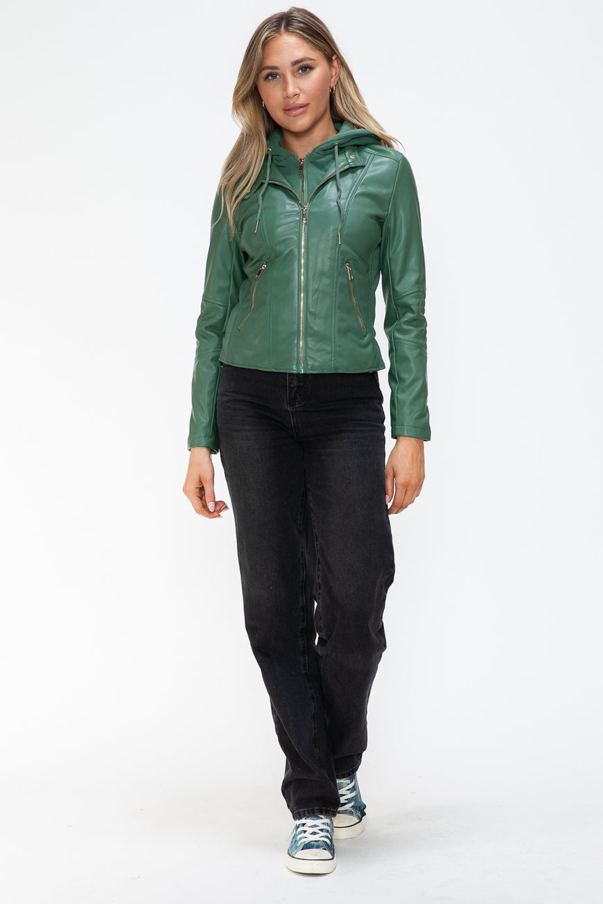 Snobbish Faux Leather Zip Up Drawstring Hooded Jacket - TopFashionHQ