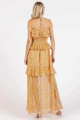 Mittoshop Ruffled Smocked Floral Halter Neck Maxi Dress