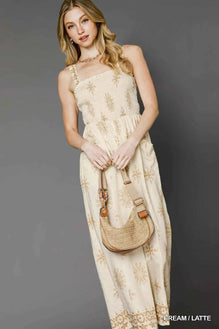 Umgee Smocked Printed Wide Leg Jumpsuit