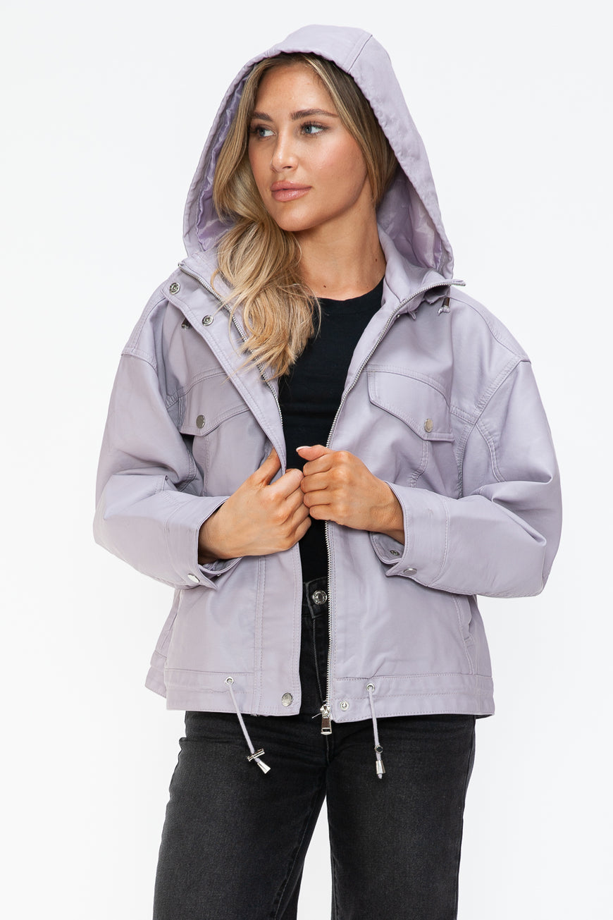 How Dare U Drawstring Hem PU Leather Zip Up Jacket - TopFashionHQ