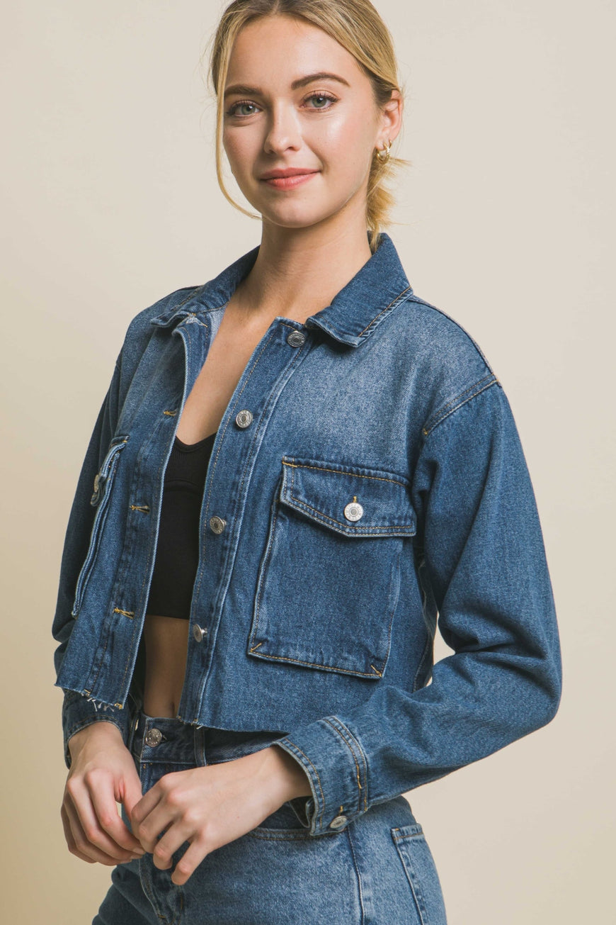 Love Tree Raw Hem Button Up Cropped Denim Jacket - TopFashionHQ