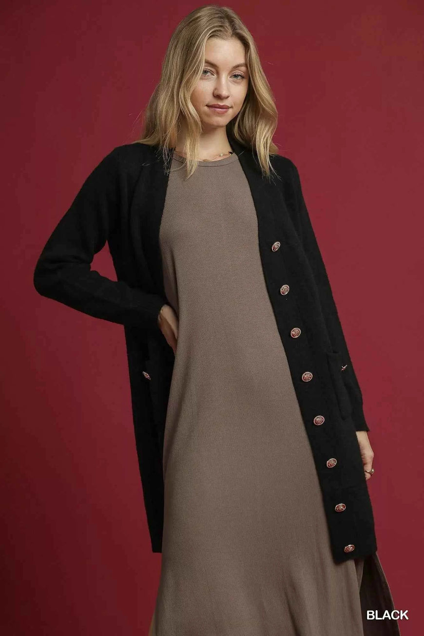 Umgee Button-Down Longline Sweater Cardigan with Front Pockets