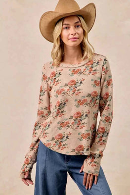 BiBi Floral Print Washed Waffle Thermal Top with Thumb