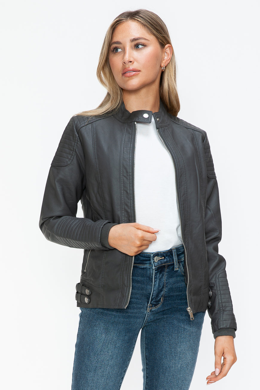 Snobbish Faux Leather Biker Jacket with Side Zip Pockets - TopFashionHQ