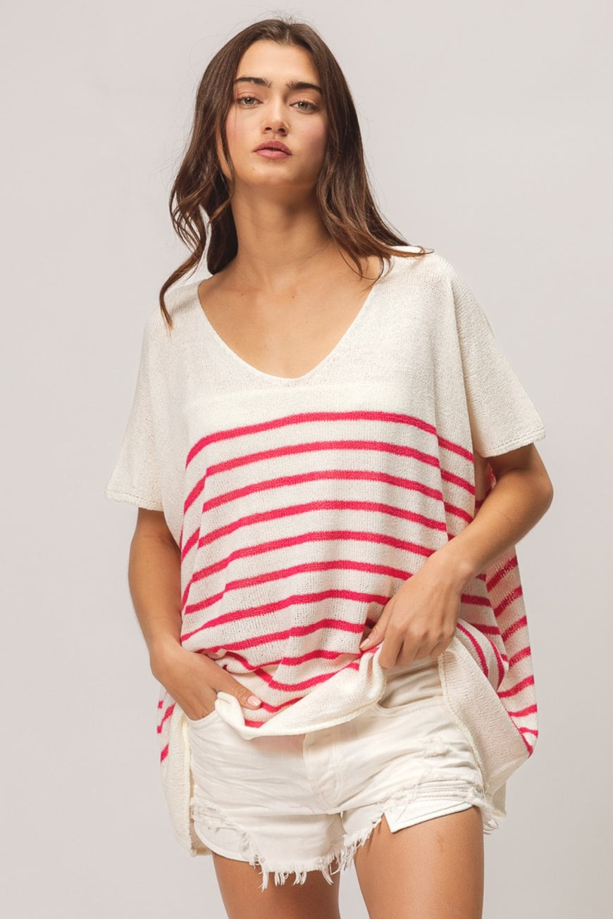 BiBi V Neck Striped Short Sleeve Top - TopFashionHQ