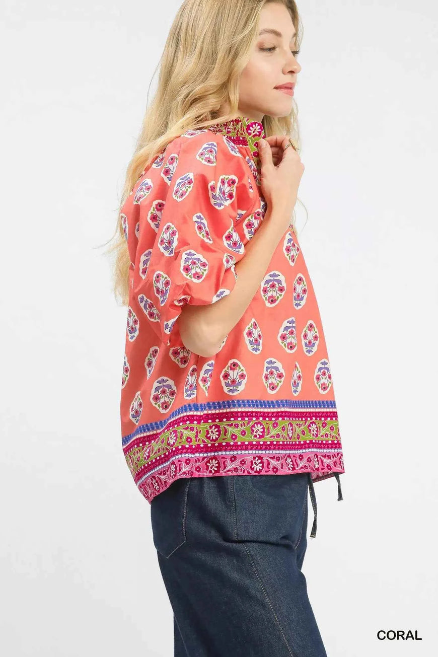 Umgee Boho Border Print Peasant Top