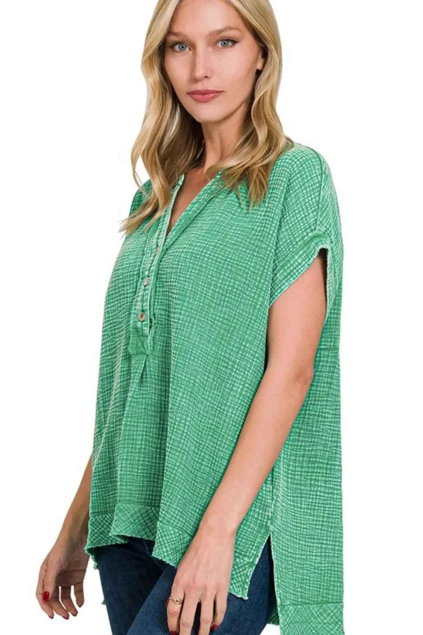 Zenana Washed Double Gauze 3/4 Button Henley Neck Shirt