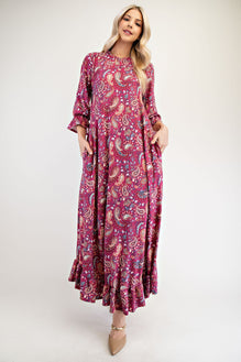 Celeste Full Size Ruffle Hem Paisley Round Neck Dress