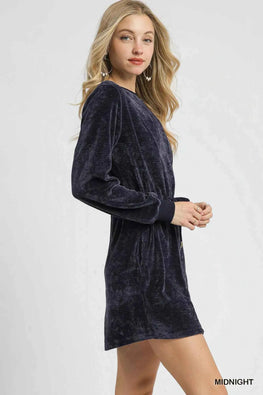 Umgee Velour Drawstring Mini Dress with Long Sleeves