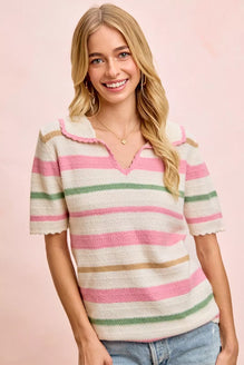 BiBi Multi Colors Stripes Collared Knit Top