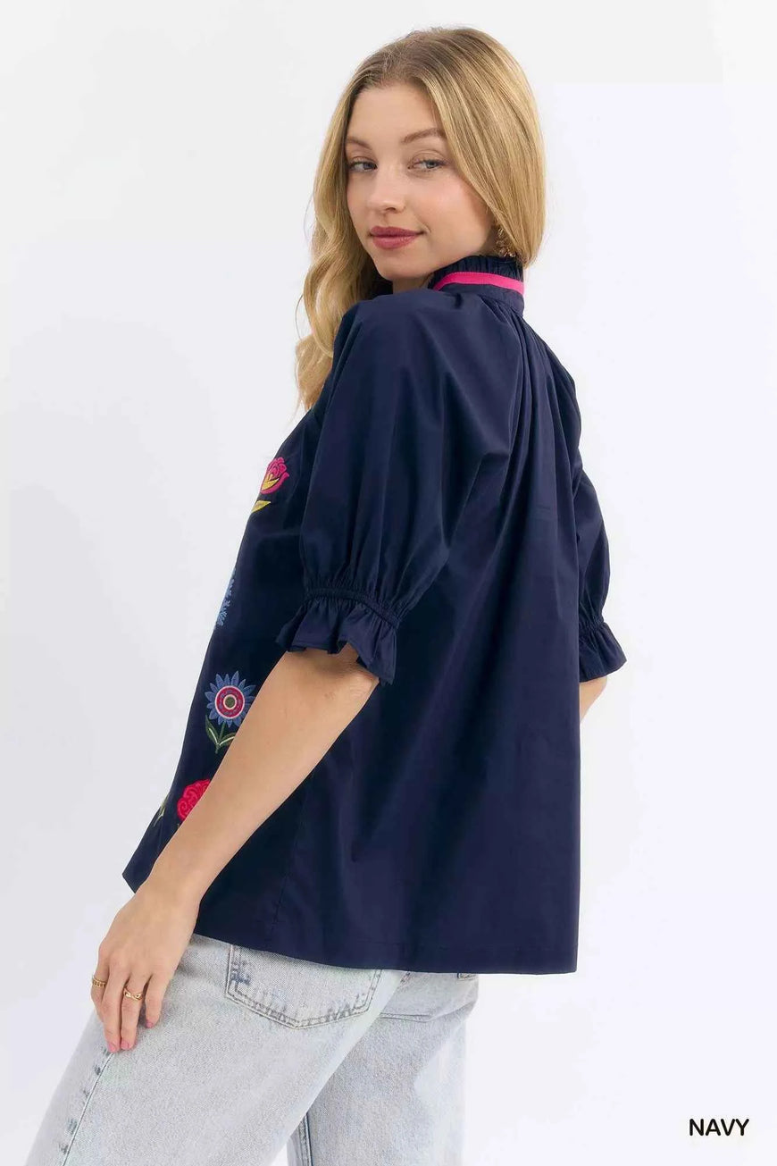 Umgee Embroidered Floral Top with Contrast Trim