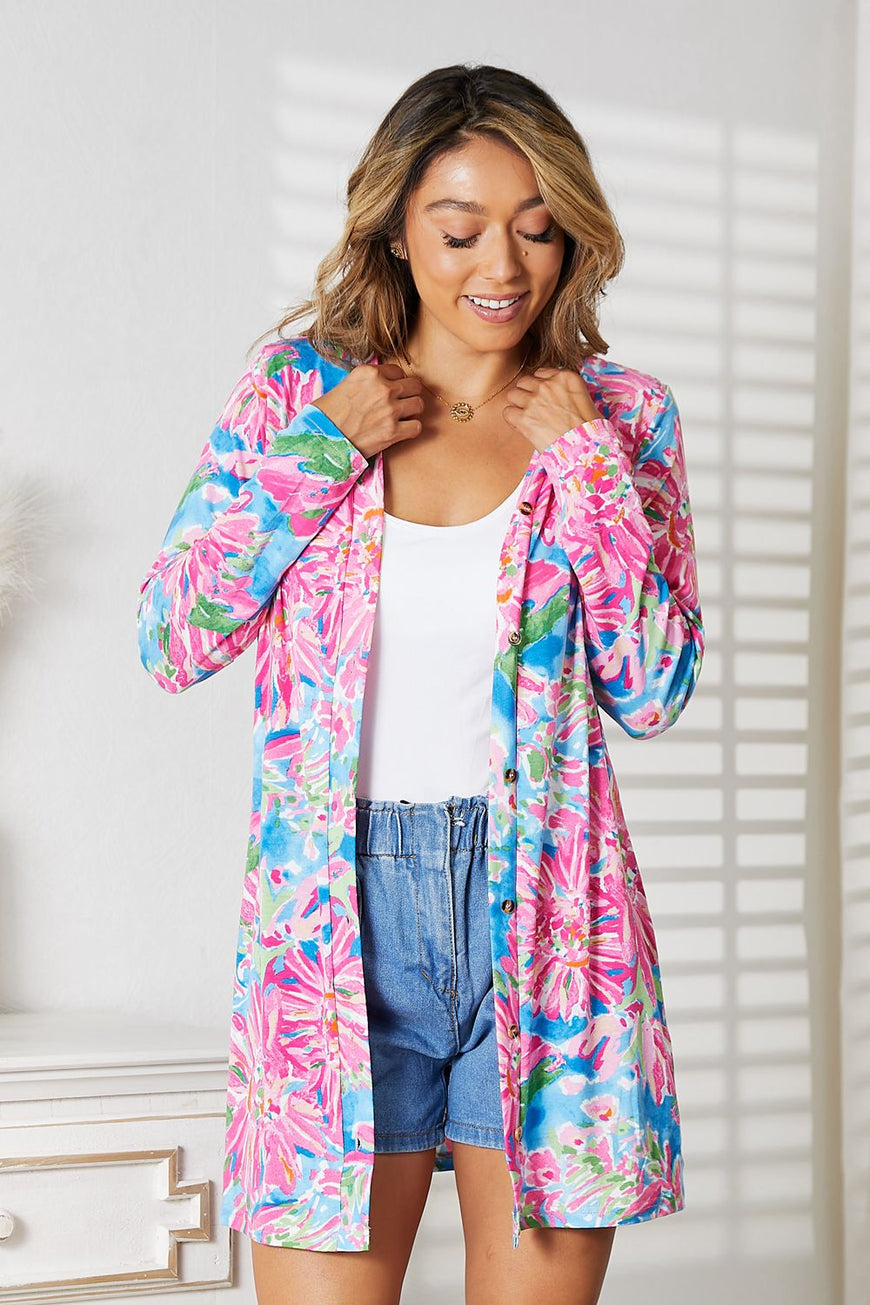 Double Take Floral Open Front Long Sleeve Cardigan - TopFashionHQ