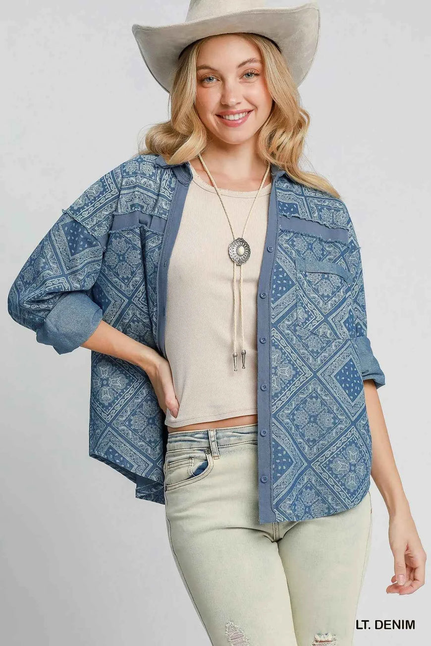 Umgee Paisley Print Denim Shirt Jacket