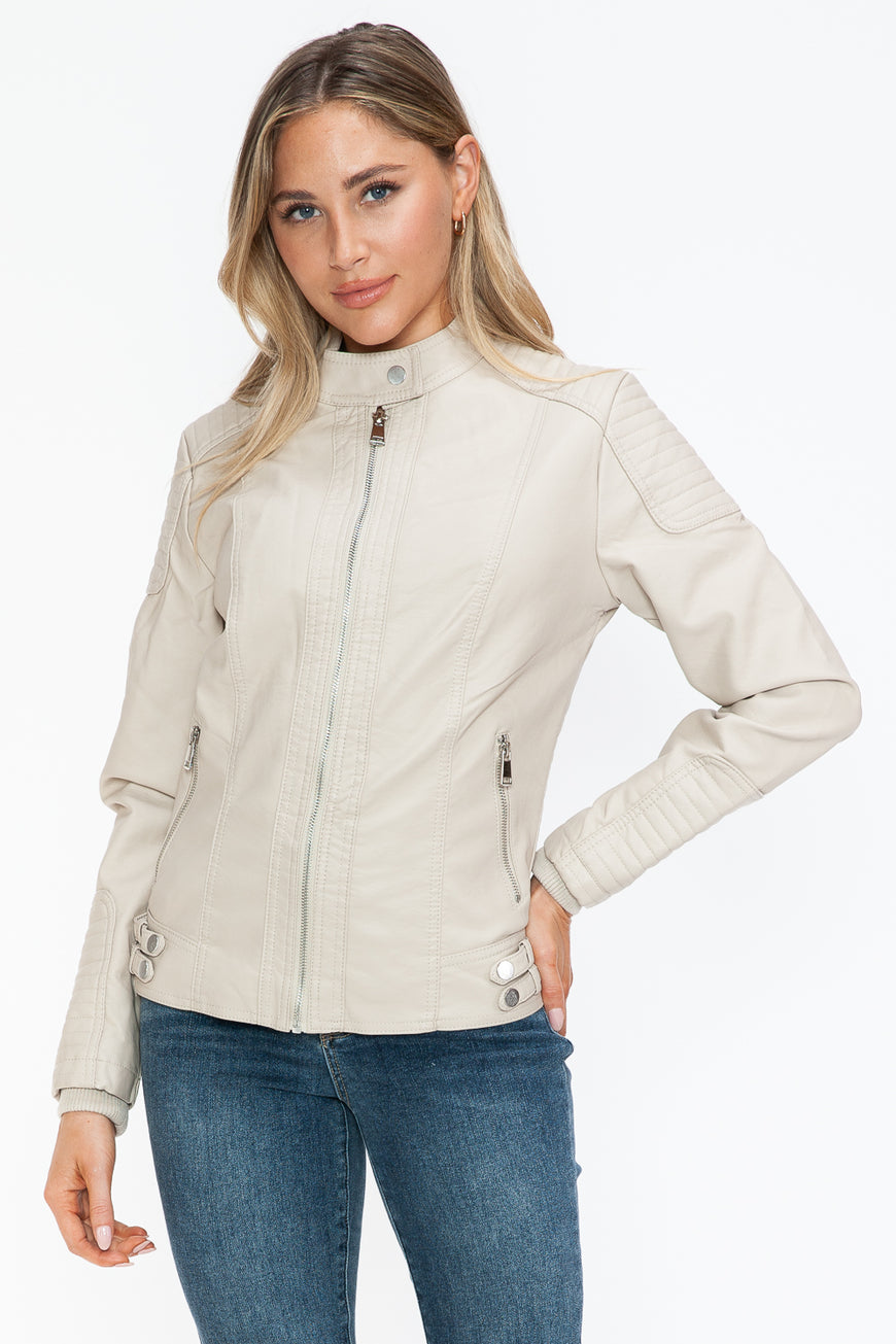 Snobbish Faux Leather Biker Jacket with Side Zip Pockets - TopFashionHQ