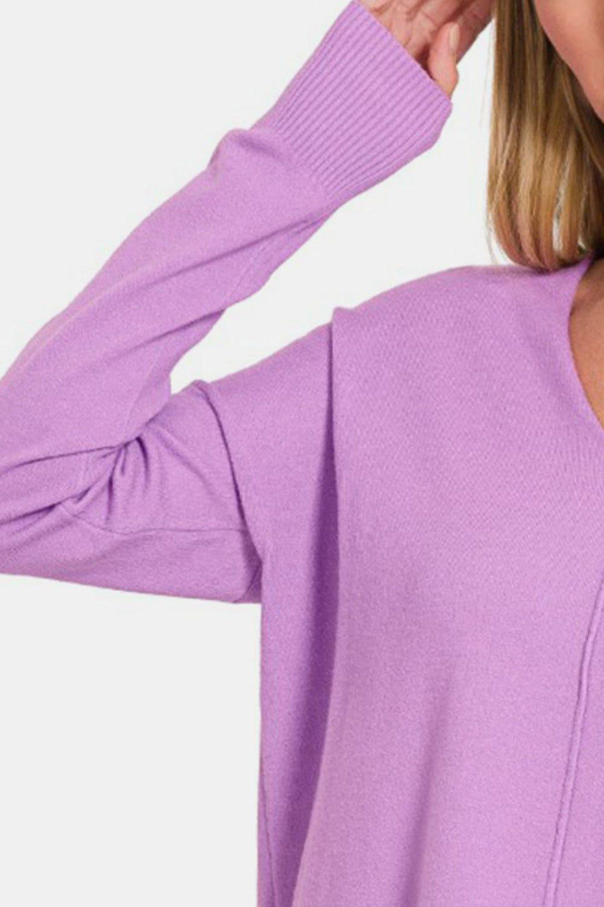 Zenana Slit V-Neck Dropped Shoulder Sweater - TopFashionHQ